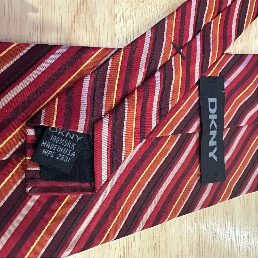 DKNY Men's‎ Striped Silk Tie Red Orange Burgundy Classic Length